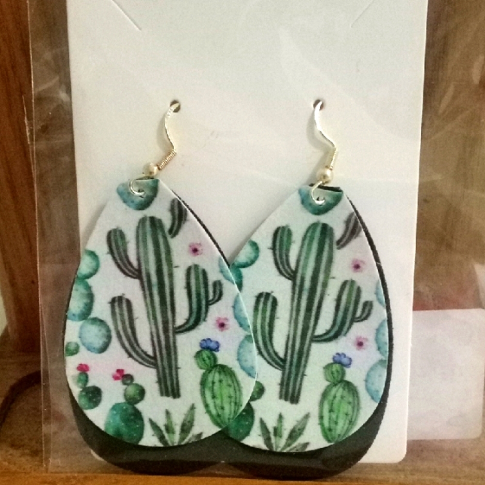 Cactus Print Handmade Faux Leather Earrings